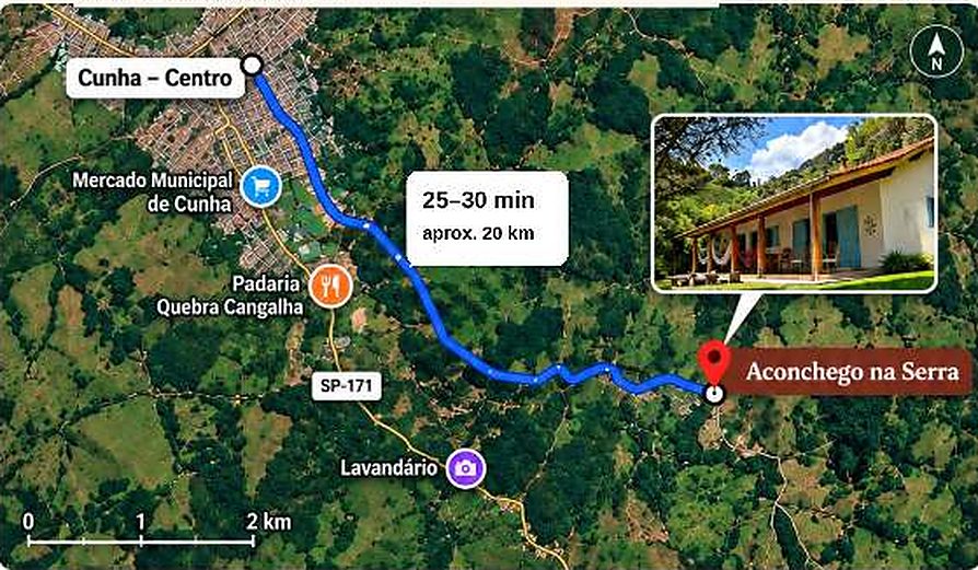 Mapa de satélite com a rota do centro de Cunha até o Aconchego na Serra pela SP-171