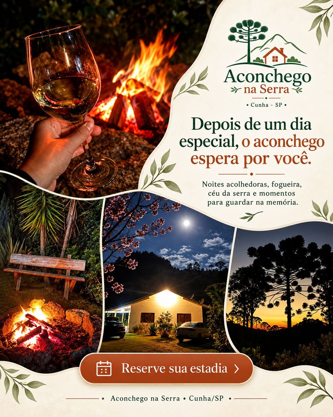 Post: Depois de um dia especial, o aconchego espera por você. Fogueira, noites acolhedoras e céu da serra